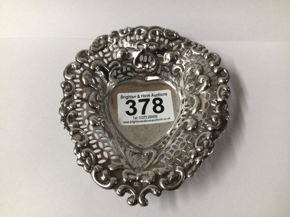 VICTORIAN HALLMARKED SILVER PIERCED AND EMBOSSED HEART SHAPED BONBON DISH, 12 CM, DATE 1900, 57