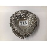 VICTORIAN HALLMARKED SILVER PIERCED AND EMBOSSED HEART SHAPED BONBON DISH, 12 CM, DATE 1900, 57