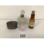 MIXED ITEMS HALLMARKED SILVER COLLAR CUT GLASS BOTTLES 10CM, SMALL RIBBON GLASS BOTTLE AND MORE