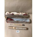 A SMALL VINTAGE SELECTION OF GLASS HYDROMETERS WITH FLOAT TUBES AND A VINTAGE CASED THE WATKINS TIME