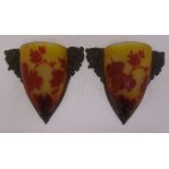 A pair of Galle Art Deco glass wall lights, cameo etched with flowers and leaves and with brass