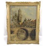 J L Dispo 1890-1964 framed oil on canvas of a bridge over a canal with houses and church spire in