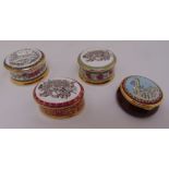 Three porcelain pill and patch boxes and a Staffordshire enamel pill box (4)