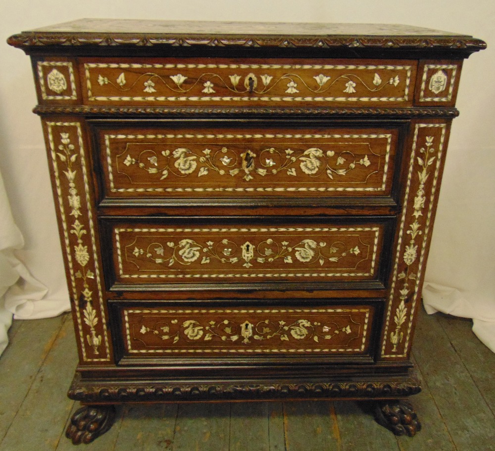 An Indo Portuguese rectangular inlaid oak chest of drawers on four claw feet, 90 x 81 x 42cm