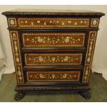 An Indo Portuguese rectangular inlaid oak chest of drawers on four claw feet, 90 x 81 x 42cm