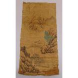 A Chinese silk landscape painting, a Tibetan Tanka and a Chinese hand painted fan, painting 88 x