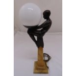 An Art Deco lamp stand in the form of a bronzed lady supporting a glass lamp on tapering rectangular
