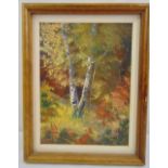 Loran Percy framed oil on board of flowers and trees, signed bottom right, 29.5 x 22cm