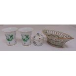 A Sevres style lattice work basket, a pair of Herend style vases and a Meissen bowl and cover (4)