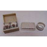 William IV rectangular silver snuff box, engine turned, the hinged cover with scroll thumb piece