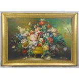 M Cicala framed oil on canvas still life of flowers, signed bottom right, 66 x 99.5cm