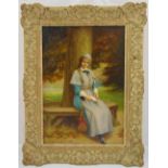 Arthur Langley Vernon (1871-1922) framed oil on panel of a lady seated on a bench, signed bottom