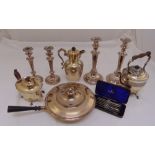 A quantity of silver plate to include candlesticks, chafing dish and cased set of lobster picks