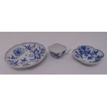 Meissen onion pattern blue and white cup, saucer and plate