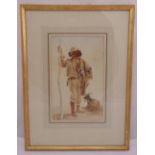 Framed and glazed watercolour of a shepherd, indistinctly signed bottom left, 24 x 15cm