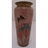 A brass and enamel vase decorated with butterflies, flowers and leaves, 25cm (h)