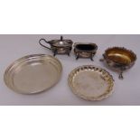 A quantity of silver to include two coasters, two piece condiment set and a George III silver