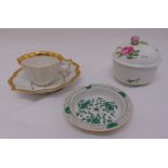 Meissen covered bowl, a Meissen pin dish and a Meissen cup and saucer A/F
