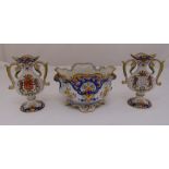 A pair of French faience vases 18cm (h) and matching jardinière 21cm (w)