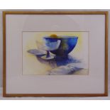 Wilde framed and glazed still life watercolour of bowls on a table, gallery label to verso, signed