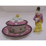 A French porcelain covered bowl on stand with gilded mounts, an oriental Meissen style figurine