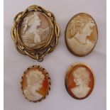 Four carved cameos to include one in 9ct gold frame