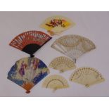 Seven decorative silk and advertising fans, (7)