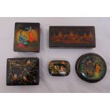 Four Russian rectangular papier mache covered boxes and a circular covered box (5)