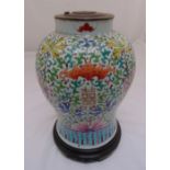 A Chinese 19th century lamp base, baluster form decorated with bats, flowers and leaves on turned