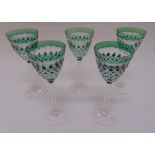 Five Bohemian green overlaid wine glasses 19cm (h)