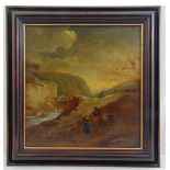 An 18th century framed oil on canvas of figures by a cliffside, 45 x 43cm