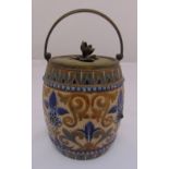 A Doulton Lambeth biscuit barrel with silver plated cover and swing handle, 23.5cm (h)