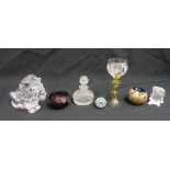 A Salviati Murano goblet, a Lalique figurine A/F, a French glass figurine of a lion, a Regency glass