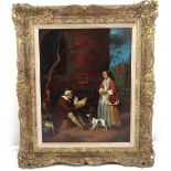 Gabor Membling framed oil on panel of poultry seller selling to lady buyer accompanied by a dog,