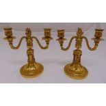 A pair of French 19th century ormolu two branch candelabra, the scrolling arms on raised