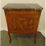 A continental rectangular mahogany inlaid chest of drawers with grey marble top on four cabriole