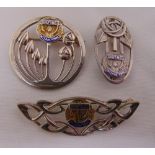 Three Soroptomist International silver and enamel Art Nouveau style brooches