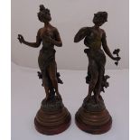 A pair of 19th century Spelter figurines of Pervenche and Heliotrope on raised circular bases,