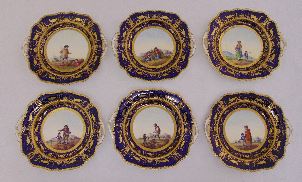 A set of six 19th century hand painted Staffordshire wall plates decorated with figures in a