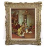 Gabor Membling framed oil on panel of ladies in 19th century costume in an interior scene, signed