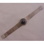 Omega Deville 18ct white gold ladies wristwatch with diamond bezel, black dial on integral mesh