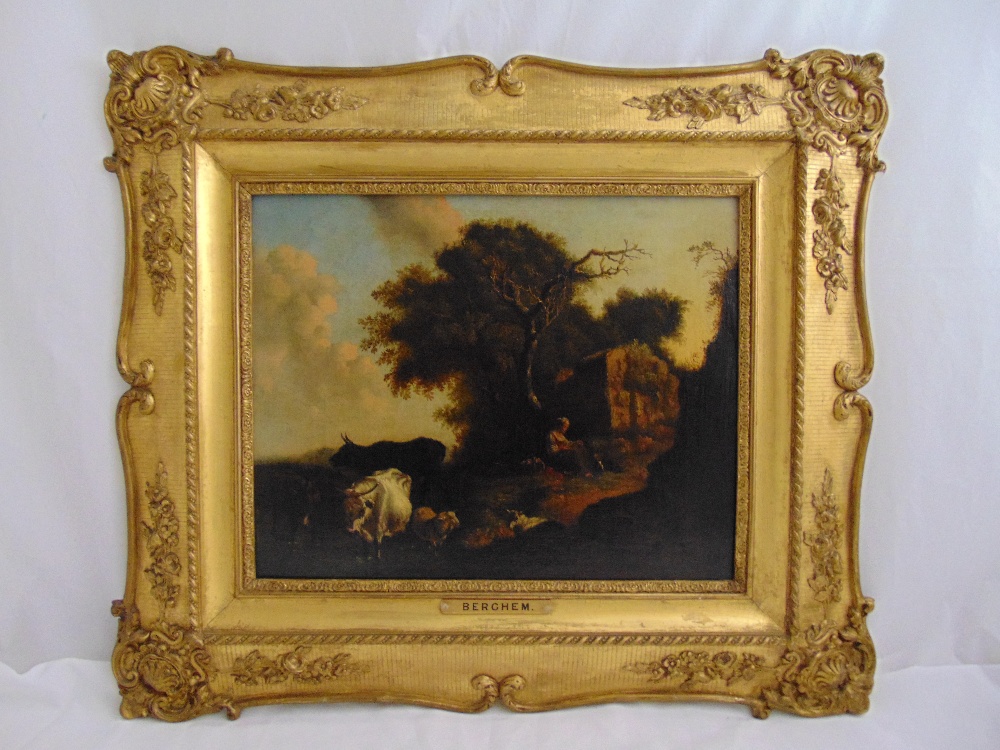 Nicholas Berghem (1620-1683) framed oil on canvas of cows and sheep by a tree, indistinctly signed