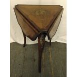 A mahogany and satinwood inlaid triangular drop flap hall table on three cabriole legs, A/F