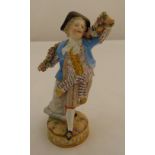 Meissen figurine of a man holding a garland of flowers on raised circular base, marks to the base,