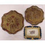 Three Italian papier mache hand painted trays of various shape and size, largest 34cm (w)