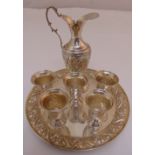 Israeli white metal tray, jug and five Kiddush cups, approx total weight 548g