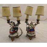 A pair of continental gilded metal table lamps with applied porcelain figurines of seated ladies,
