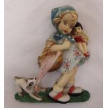 An original 1930s Mabel Lucie Atwell style plaster wall plaque of a girl and a dog, 20cm (h)