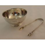 Silver sugar bowl Sheffield 1916 and a pair of silver tongs, approx total weight 152g