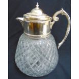 Cut glass and silver plated lemonade jug with scroll handle and domed hinged cover, 28cm (h)